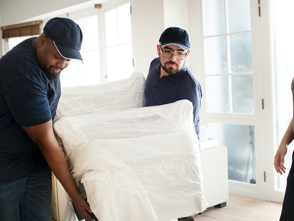 Professional delivery team carrying wrapped furniture into a corporate office setting