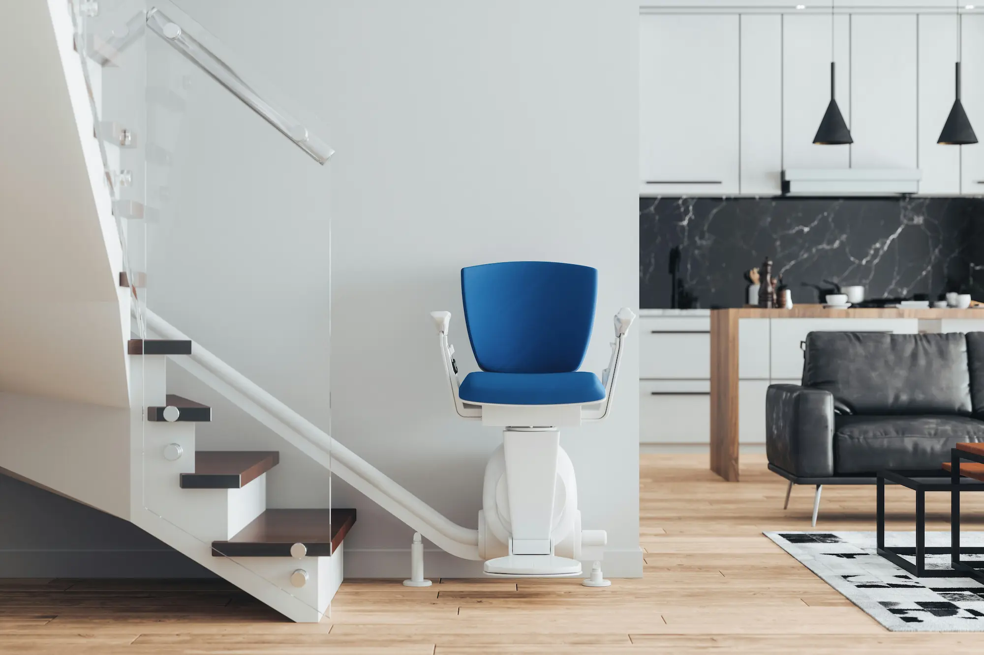 An automatic stairlift at the bottom of the stairs in a home.